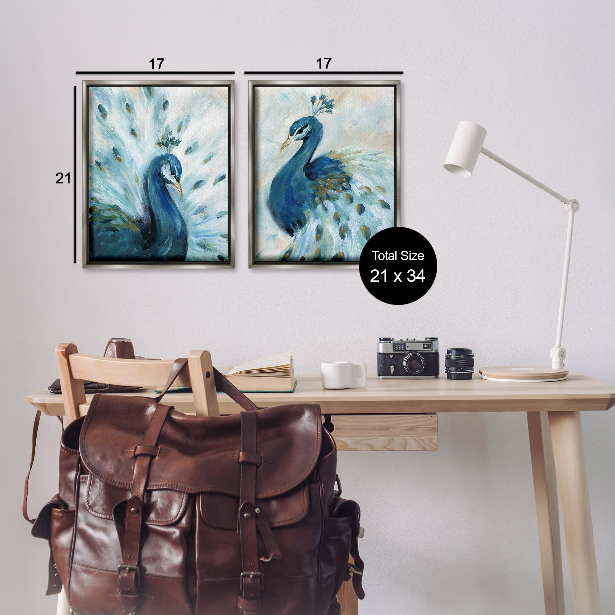 Stupell Industries Gentle Pretty Peacocks Animals Painting Gray Floater Framed Canvas Art Print Wall Art, 17 x 21, Set of 2