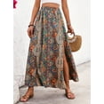 thumbnail image 3 of Womens High Waist Smocked Bohemian Long Skirt Elegant Chic Skirt Ethnic Style Personalized Printed Slit A-Line Skirt Size L, 3 of 6
