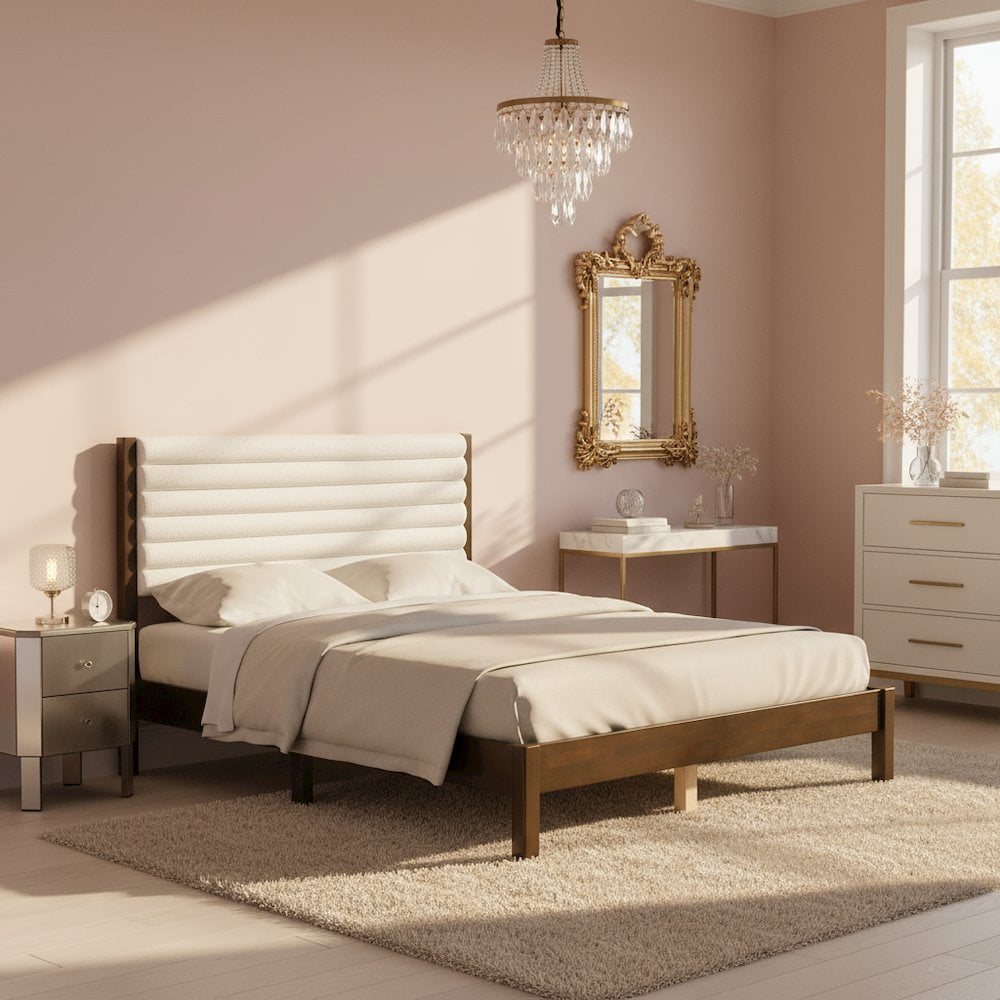 Starlight Canyon Home White Boucle Upholstered Queen Bed Frame with Headboard - Modern Design