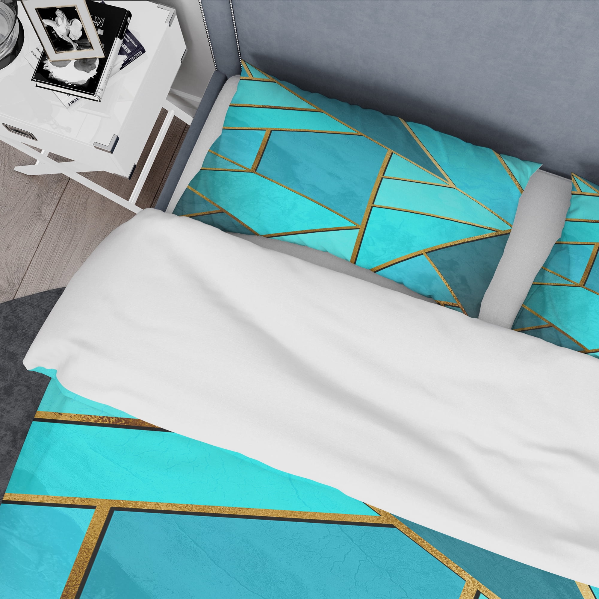 Designart 'Yellow Triangular Geometry over Background of Shades of Cyan' Modern & Contemporary Duvet Cover Set