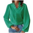 thumbnail image 3 of Dazajoo Women's Fall Long Sleeve Collar V Neck Ruffle Shirts Plus Size Solid Color Elegant Blouses Comfy Fashion Outfits Fashion,Green,XXXXL, 3 of 6