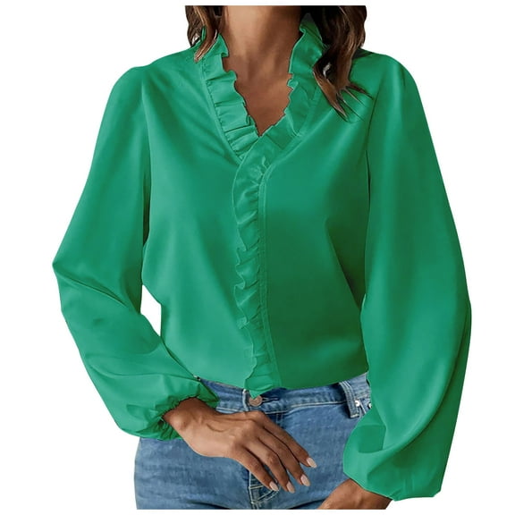 Dgankt Long Sleeve Shirts for Women Casual Loose V-Neck Long Sleeve Ruffle Shirt,Size S-5XL