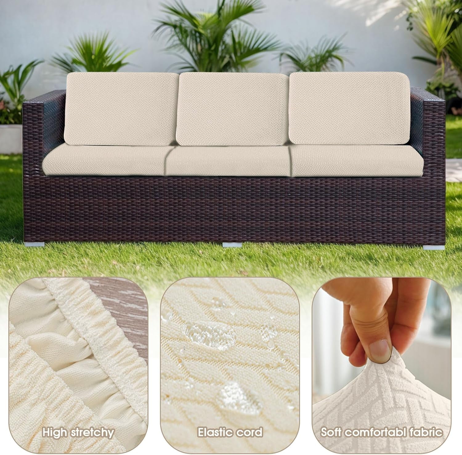 2 Pack 100% Waterproof Patio Sofa Cushion Covers, Stretch Outdoor/Indoor Individual Seat Cushion Cover Furniture Protector Sofa Slipcover, Beige