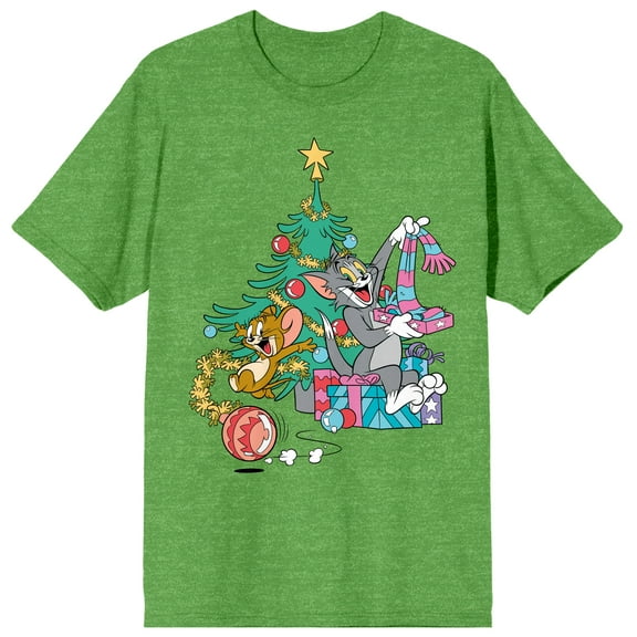 Tom & Jerry Opening Presents Christmas Tree Art Women's Green Heather T-Shirt-Medium