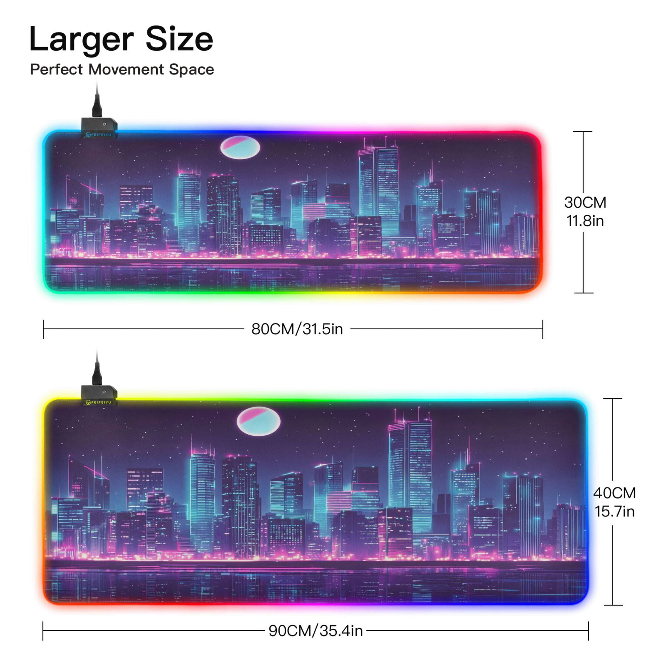 Large RGB Gaming Mouse Pad Led Glowing Mousepad Non-Slip Rubber Base 13 Light Modes 35.4x15.7 Cyberpunk City at Night