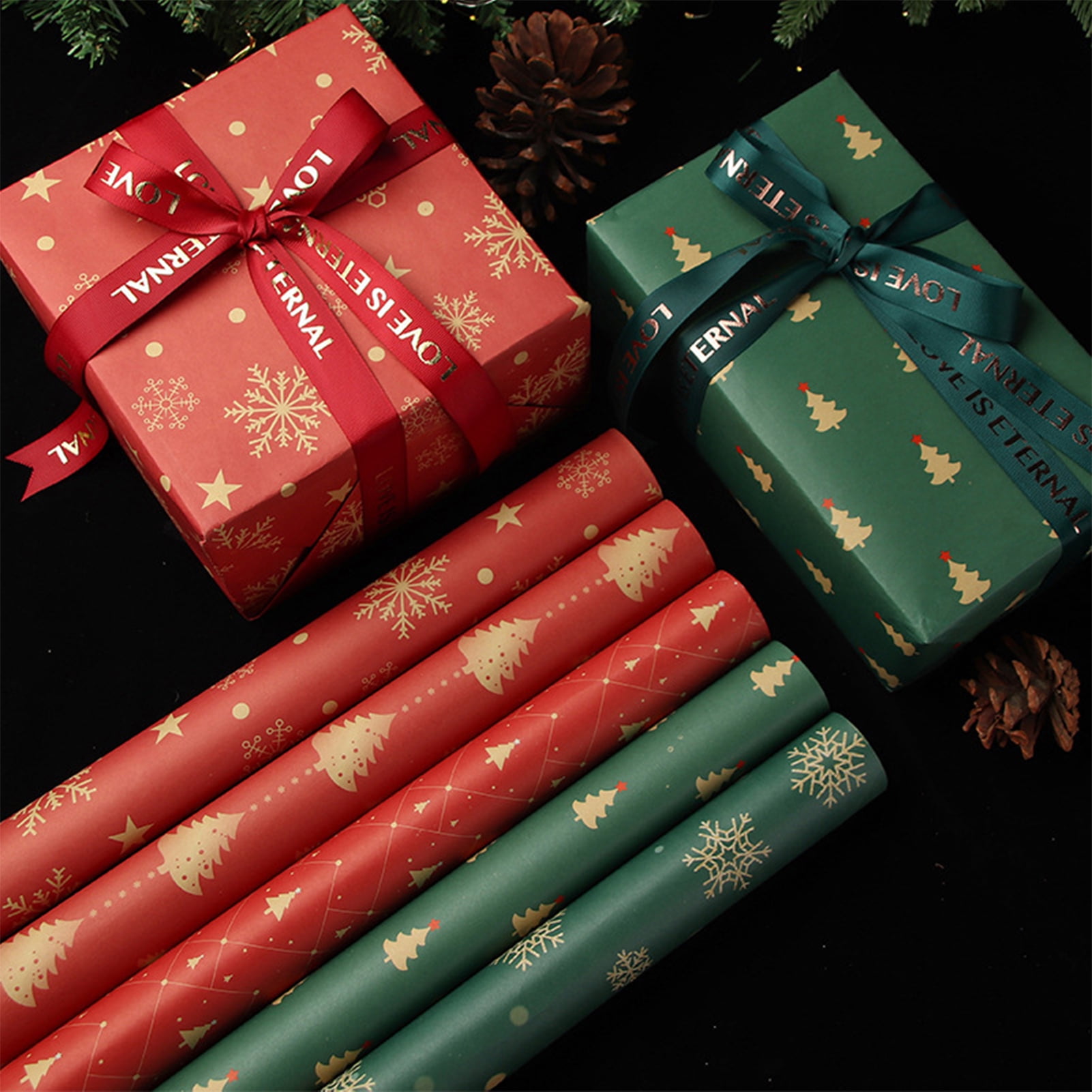 Cheer US Christmas Wrapping Paper Brown Kraft Paper with Red and Green Pattern for Christmas