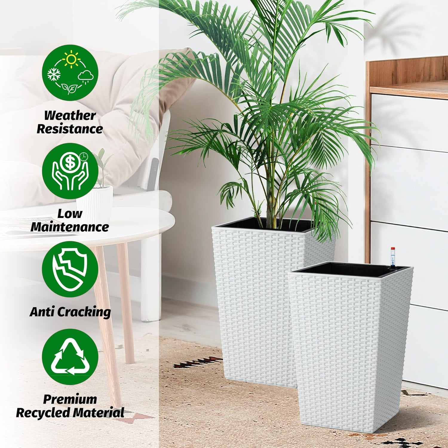 Garvee 15.6" Tall Planter Pots Set of 2, Rattan style, Tray & Water Level Monitor, White