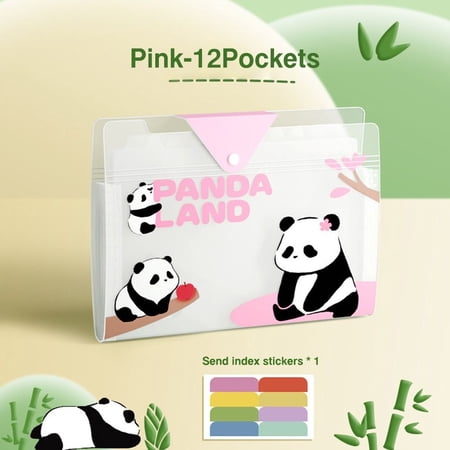 Cartoon Creative Test Paper Storage Bag Document Bag Cartoon Panda 5/8/12 Pockets Classified Expanding File Bag Archive Bag Portfolio A4 File Folder PINK-12 POCKETS