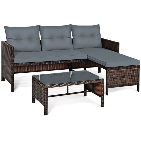 Biotree Patio Furniture Set 3 Piece Wicker Rattan Sofa Set outdoor conversation set with tempered glass table and cushions for garden backyard porch balcony, Gray