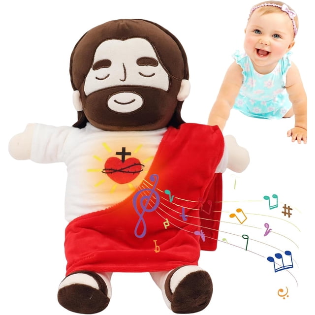 Peluche De Jesus Que Respira, Jesús Peluches para La Ansiedad, Suave Jesus Juguetes De Mueñcas De Dormir, con Música Y Luces, Regalos(Rojo)