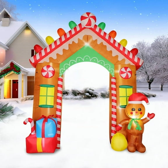 9FT Christmas Inflatable Gingerbread House Outdoor Decorations,Colorful Blow up Decoration with Gingerbread Man and Gift,Built-in LED Light for Outdoor Lawn Yard Porch Holiday Party Decor
