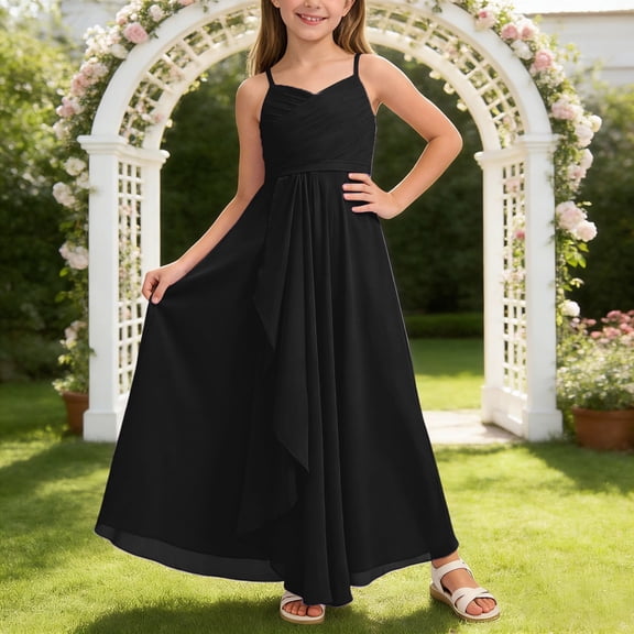 Flower Girl Dress A Line Junior Bridesmaid Flowy Chiffon Maxi Dresses Wedding Party Pageant Gown Black Dress Size 2-3 Y