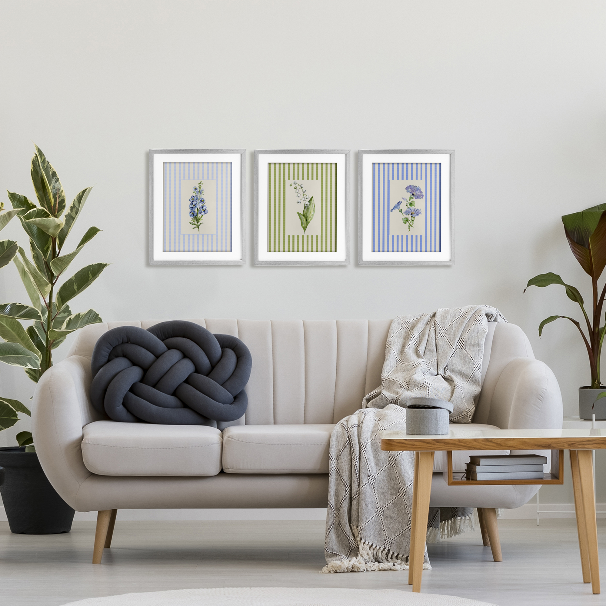 Soft Stripe Cottage Blooms 3 Piece Gray Framed Print Under Glass Set, design by Lisa Wehmeyer