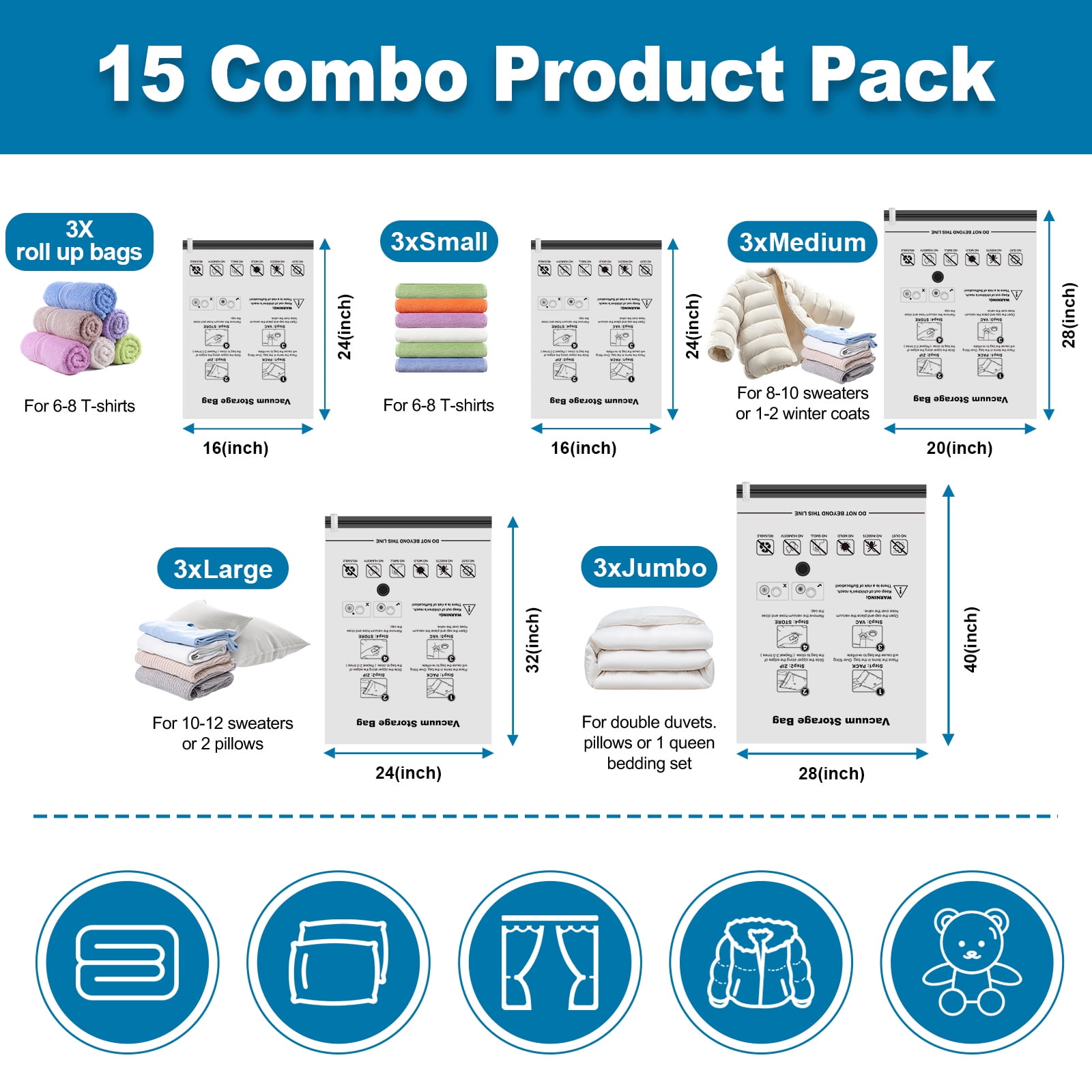 Cubepoint 15 Pack Vacuum Storage Bags with Electric Pump, 3 Jumbo 3 Large 3 Medium 3 Small 3 Roll up Bags, Vacuum Seal Bags for Clothes, Instant Space Saver Storage Bags