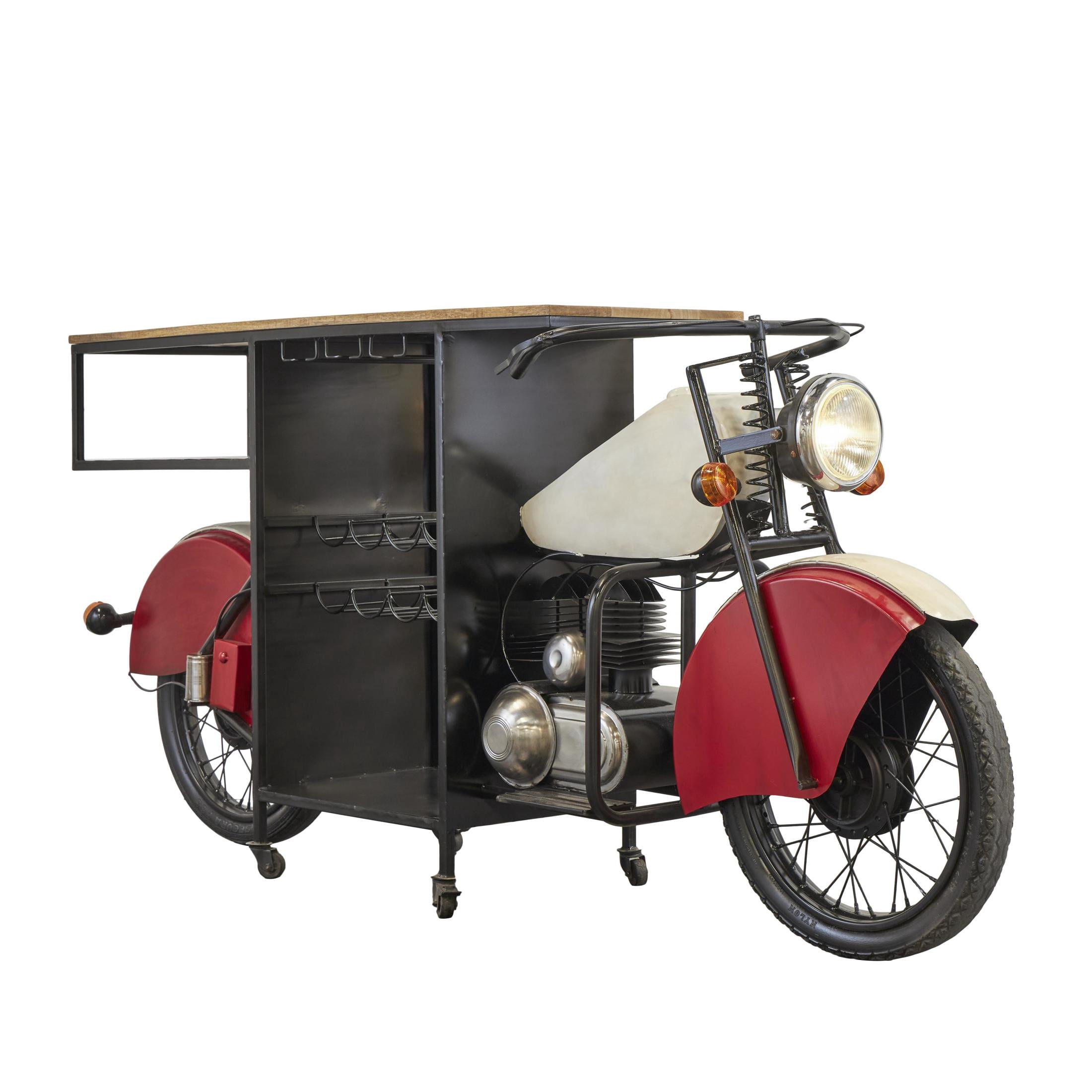 DecMode 72" x 41" Red Metal Motorcycle Vintage Style 10 Bottle Motorcycle Bar with Wood Bar Top and Red Accents, 1-Piece