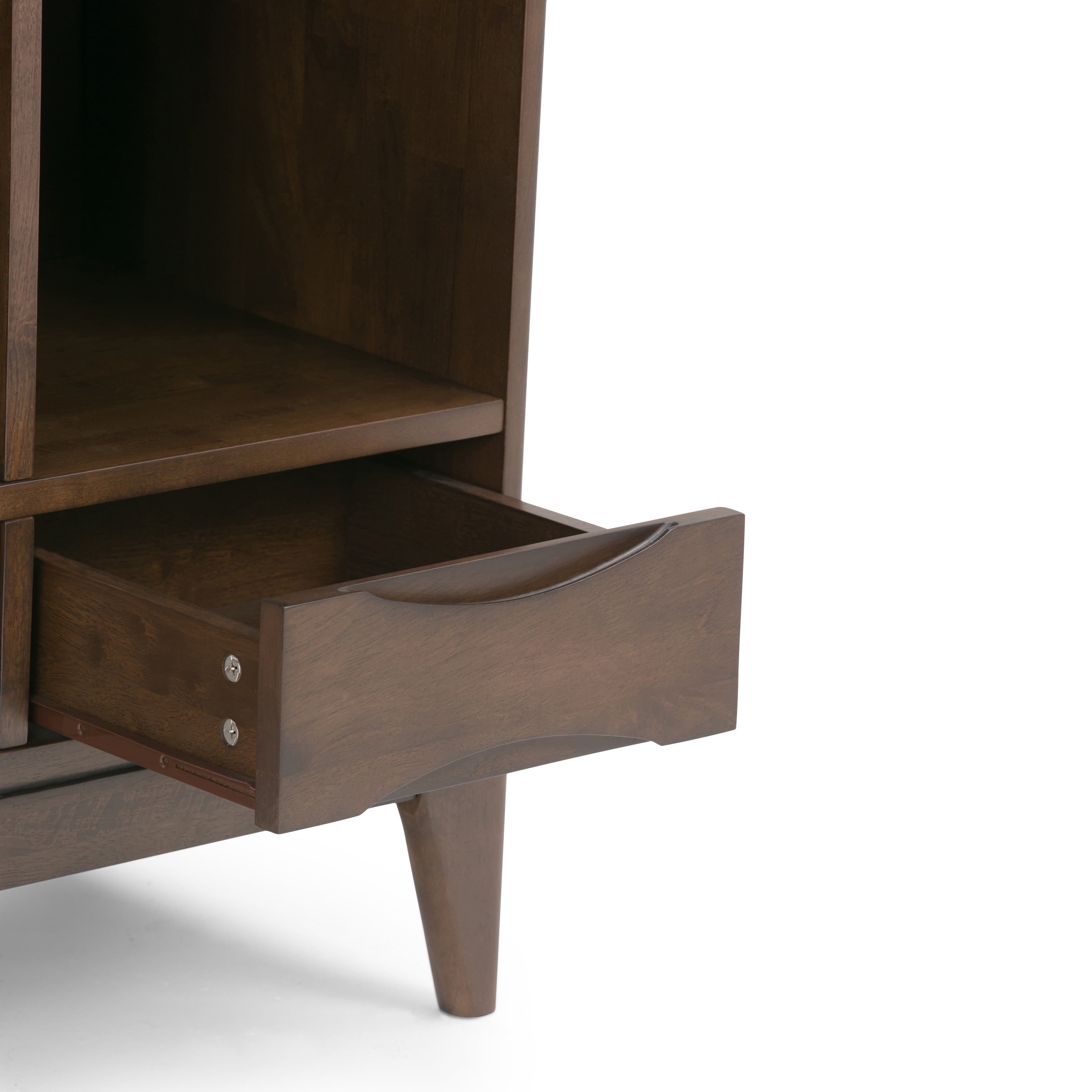 Simpli Home Harper SOLID HARDWOOD 58 inch x 42 inch Mid Century Modern Cube Storage Bookcase with Drawers in Walnut Brown