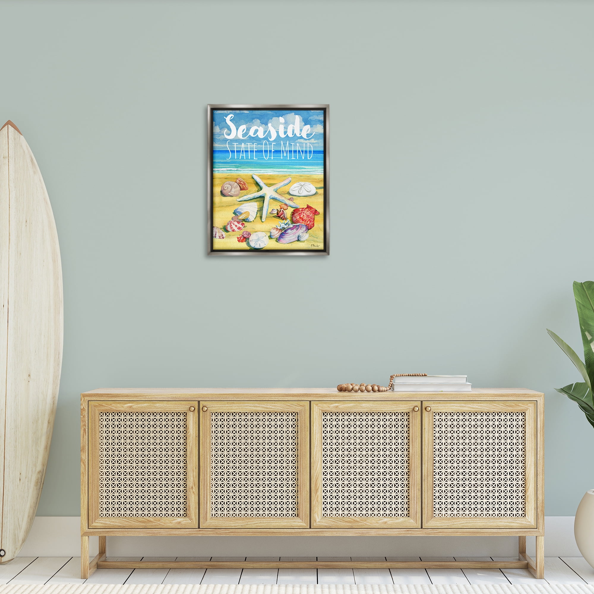 Stupell Industries Seaside Sandy Shells Coastal Painting Gray Floater Framed Canvas Art Print Wall Art, 25 x 31