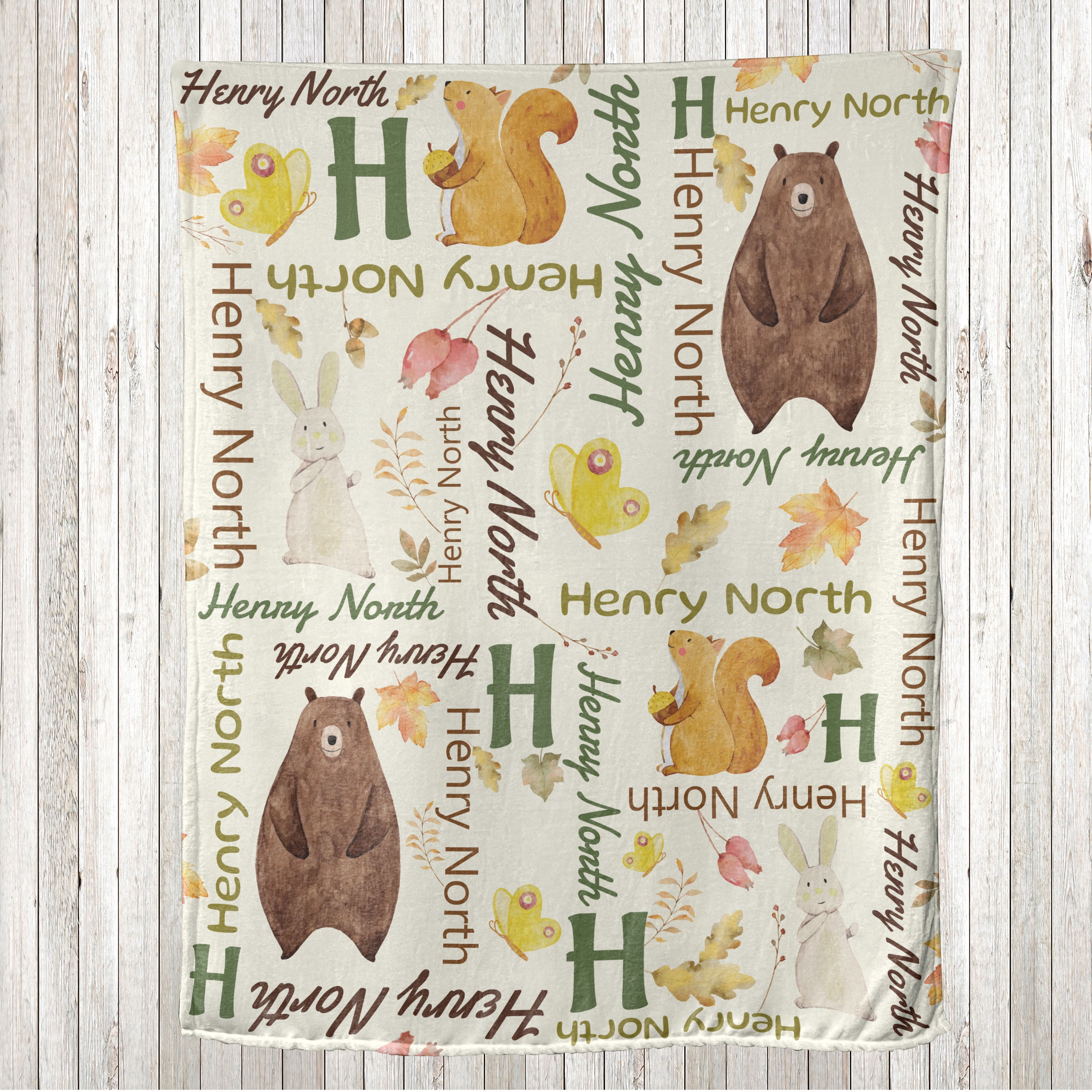 Animals Throw Blanket, Watercolor Autumn Woodland Friends Bear Bunny  Butterfly Squirrel, Flannel Fleece Accent with Custom Name Photo Backdrop,  60