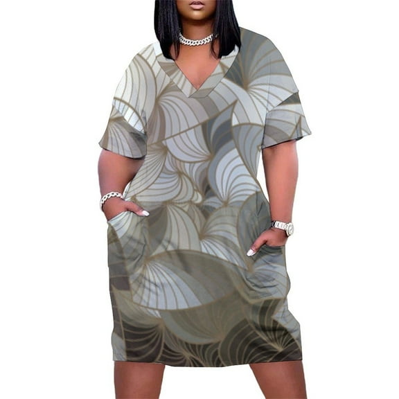 Abstract Grey Leaf Pattern Design Women's Summer Short Sleeve Casual Dresses Party Dress