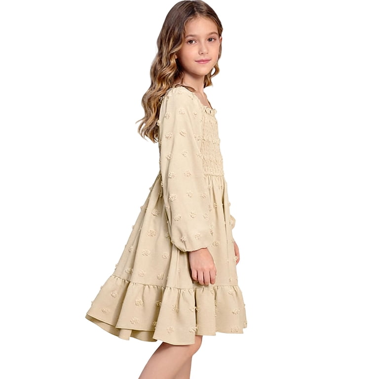 Mezzall Child Elegant Long Sleeve Square Neck Ruffle Detail Smocked Waist Casual Party Dress for Girls Comfortable Everyday Wear Festival Sundress