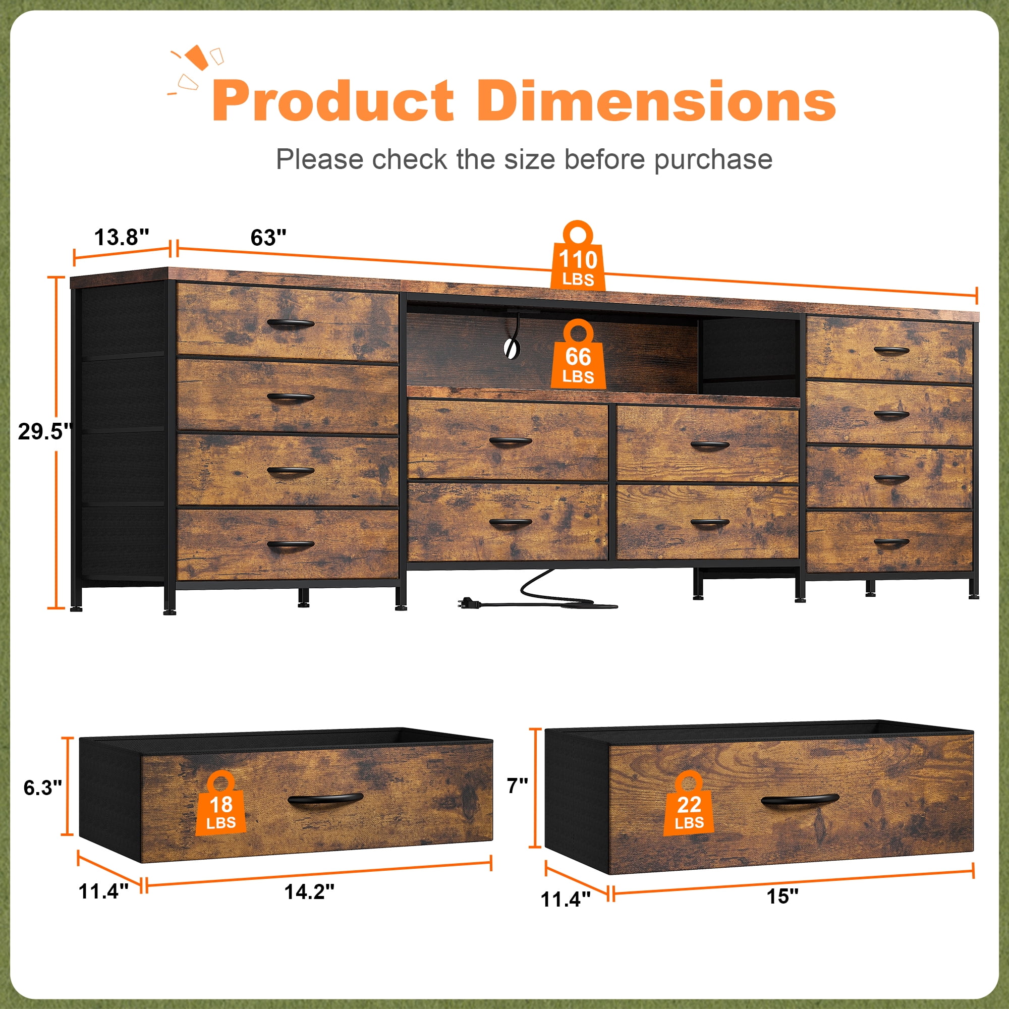 63" W 12-Drawers Dresser TV Stand for 65/70/75 Inch TVs,Entertainment Center with LED Lights & Power Outlets,Fabric Drawers for Bedroom,Living room,Rustic Brown