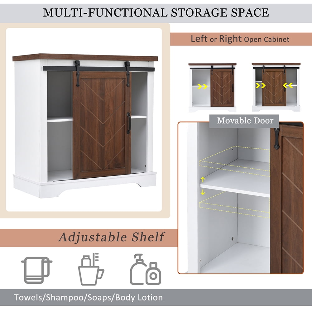 Resenkos Freestanding Bathroom Storage Cabinet,Brown Sliding Barn Door, Thick Top, Adjustable Shelf, White and Brown Resenkos Freestanding Bathroom Storage Cabinet,Brown Sliding Barn Door, Thick Top, Adjustable Shelf, White and Brown