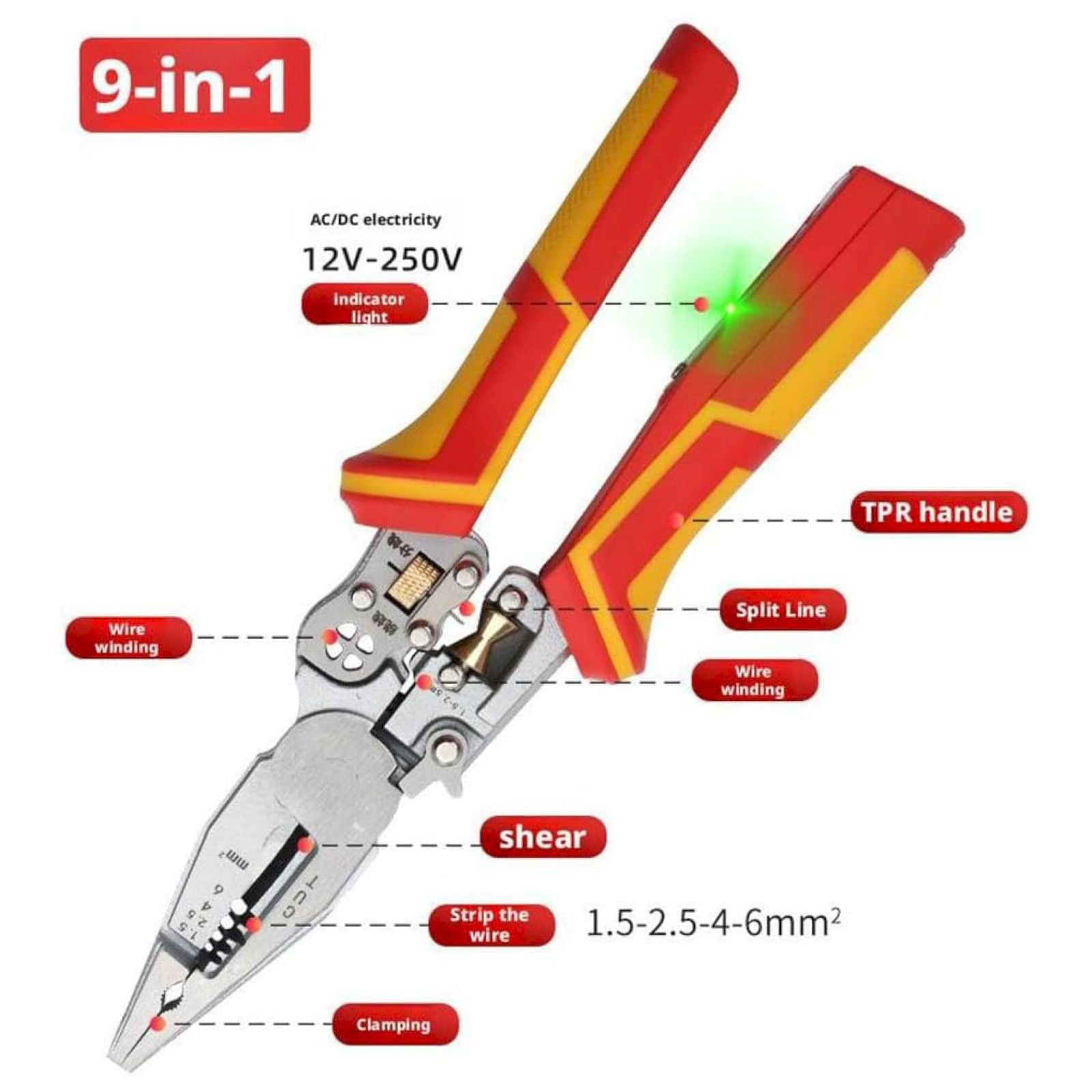 YEESHU 9 in 1 Multifunctional Wire Stripper, 2025 Upgrade Electrician Tool with Voltage Measurement Function, Cable Scissors for Stripping Winding and Splitting for Home and Professional Use