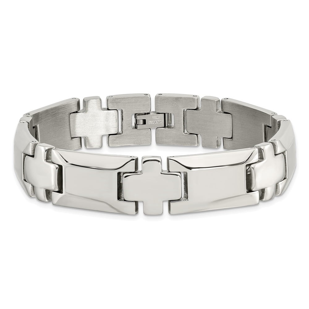 Diamond2Deal Stainless Steel Polished Cross Link Bracelet for Men 8.5"