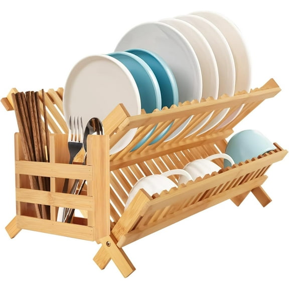 Bamboo Dish Drying Rack, 2-Tier Foldable Design with Utensil Holder, Kitchen Plate Rack Dish Drainer Rack Dish Racks for Kitchen Counter, 16.5 x 17 inches