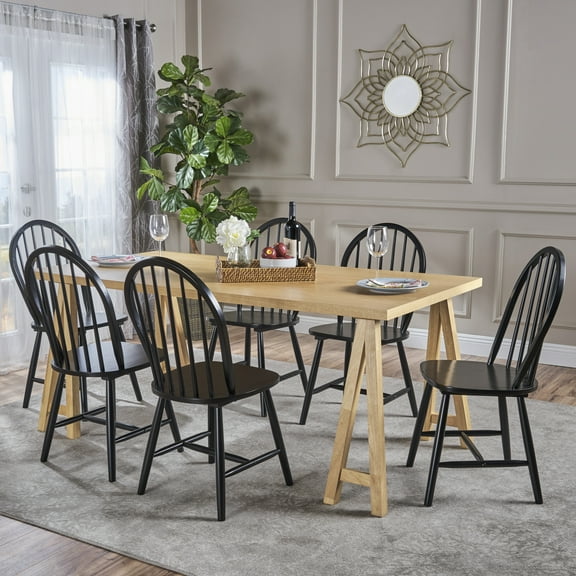 GDF Studio Lomond Farmhouse Wooden 7 Piece Dining Set, Natural Oak and Black