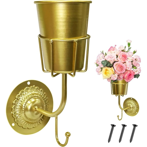 Wall Vase with Hook – Space Saving Wall Mounted Flower Holder, Outdoor Hanging Planter Vessel for Entryway, Living Room, Kitchen, Bathroom, Balcony & Office(RL Gold 1 PC)