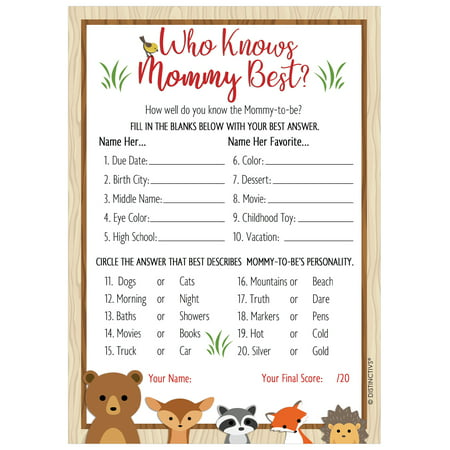 Woodland Baby Shower Game for 20 Guests - Who Knows Mommy Best Woodland Creatures Animals Theme Baby Shower Supplies - 20 Game (Best Baby Shower Games Coed)