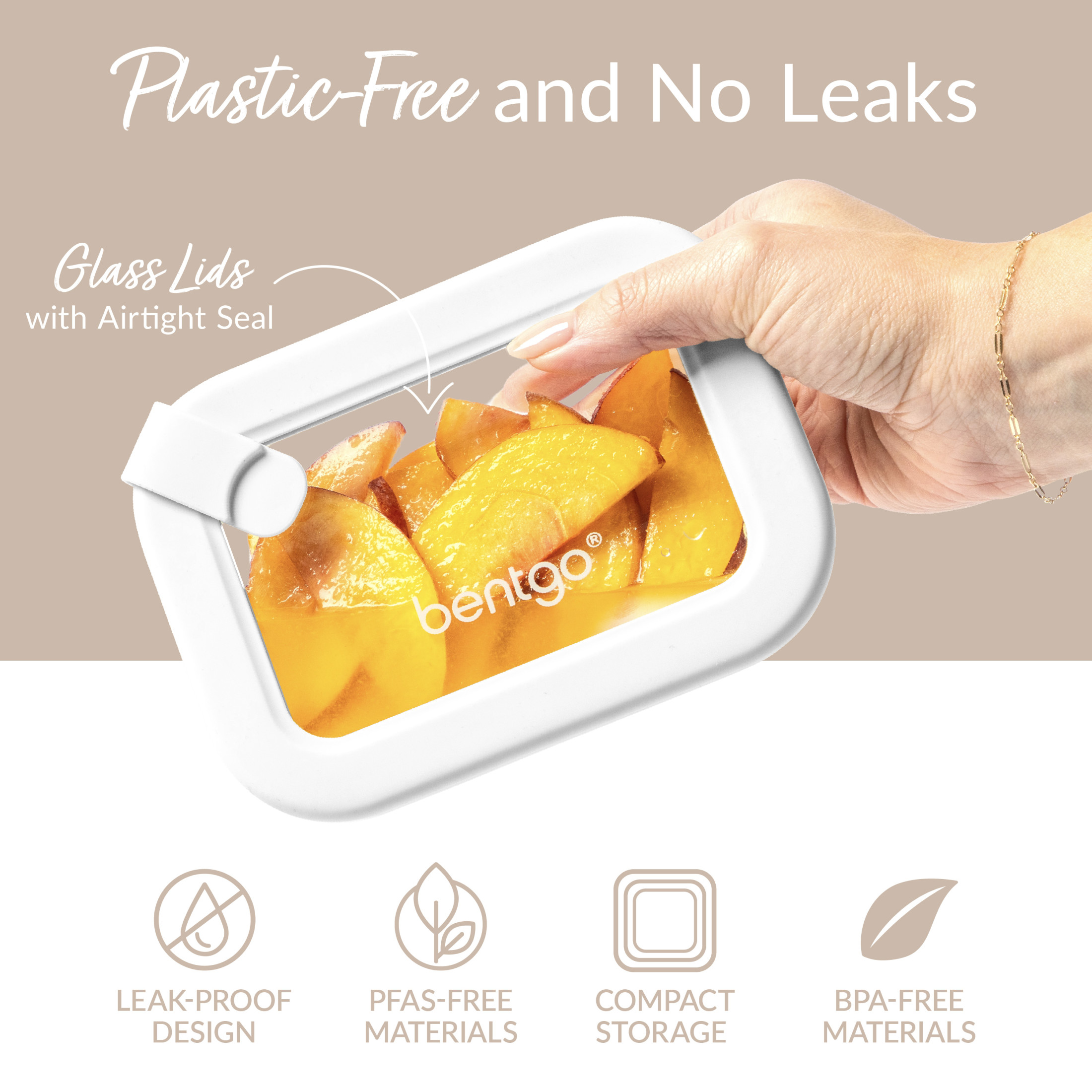Bentgo Signature Leak-Proof Glass Food Storage - 8-Piece Set, 1-Compartment Plastic-Free Containers with Airtight Glass Lids, BPA-Free, Microwave, Freezer, Oven & Dishwasher Safe (White Stone)