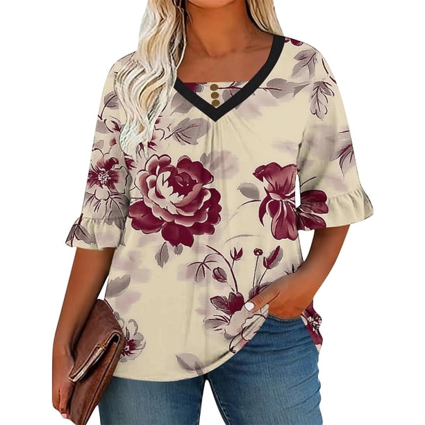 Camiseta Impresa con Cuello en V de Manga Corta de las Mujeres con Pliegues de Busto Y Mangas de Doblado Acampanadas, Blusa Casual de Poliéster Ligera para la Camiseta Diaria de Primavera