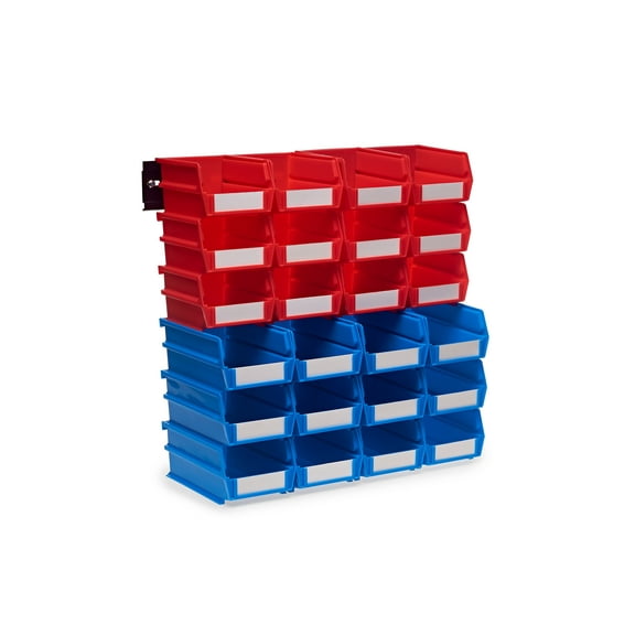 Triton Products LocBin 26-Piece Wall Storage Unit with (12) 5-3/8"L x 4-1/8"W x 3"H Red & (12) 7-3/8"L x 4-1/8"W x 3"H Blue Bins, 24ct, Mount Rails 8-3/4"L with Hardware, 2pk
