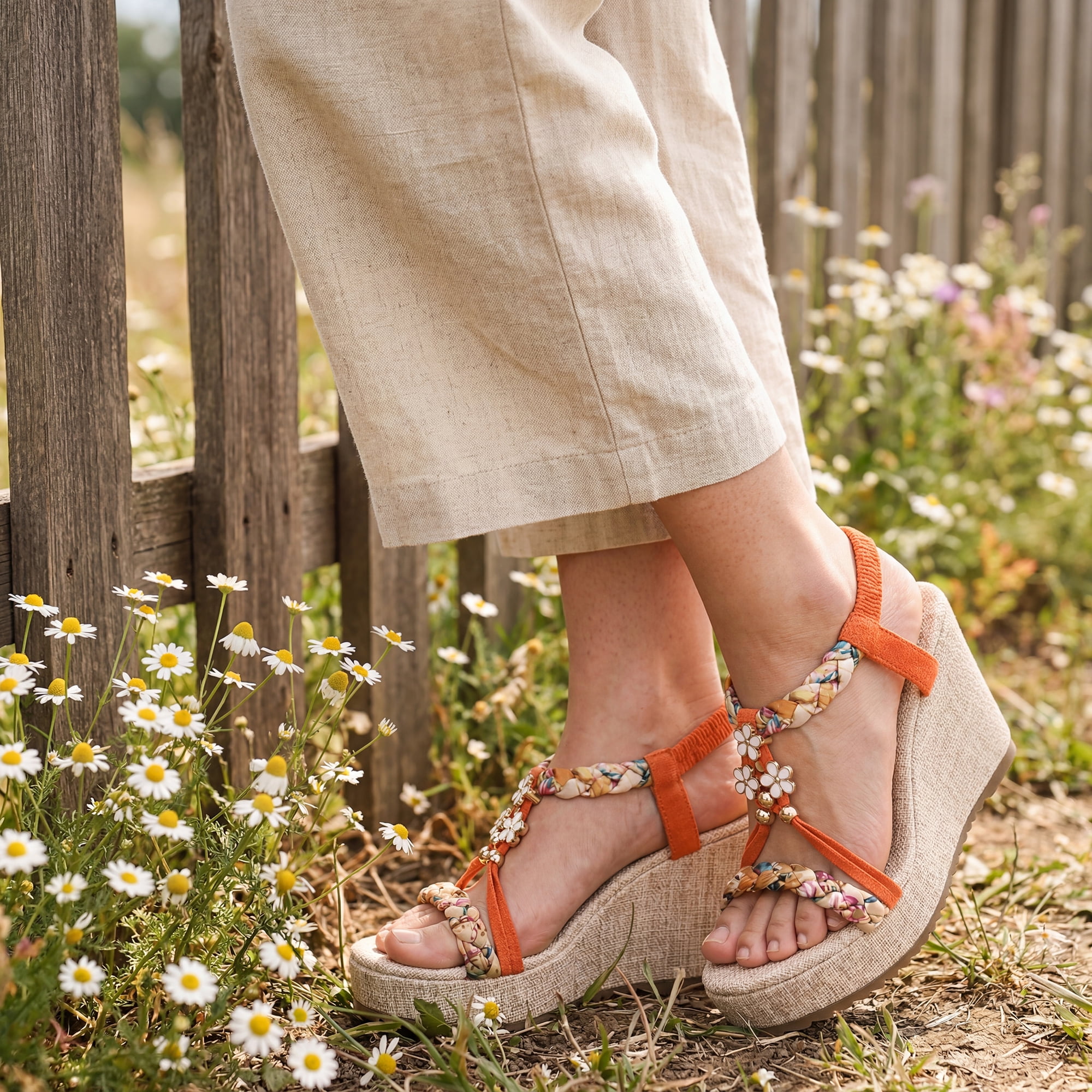 DARING DIVA Women's Stylish Bohemia Pull on Platform Wedge Heel Sandals Orange-2 6.5