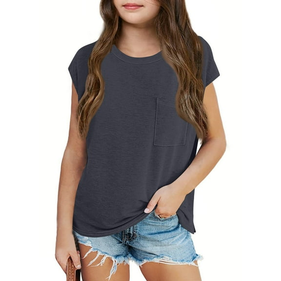 Inglocry Girls Summer Casual Tops Short Sleeve Textured T Shirts Cute Comfy Tees Summer Fashion Summer Tops For Teens Dark Gray 3-4Y