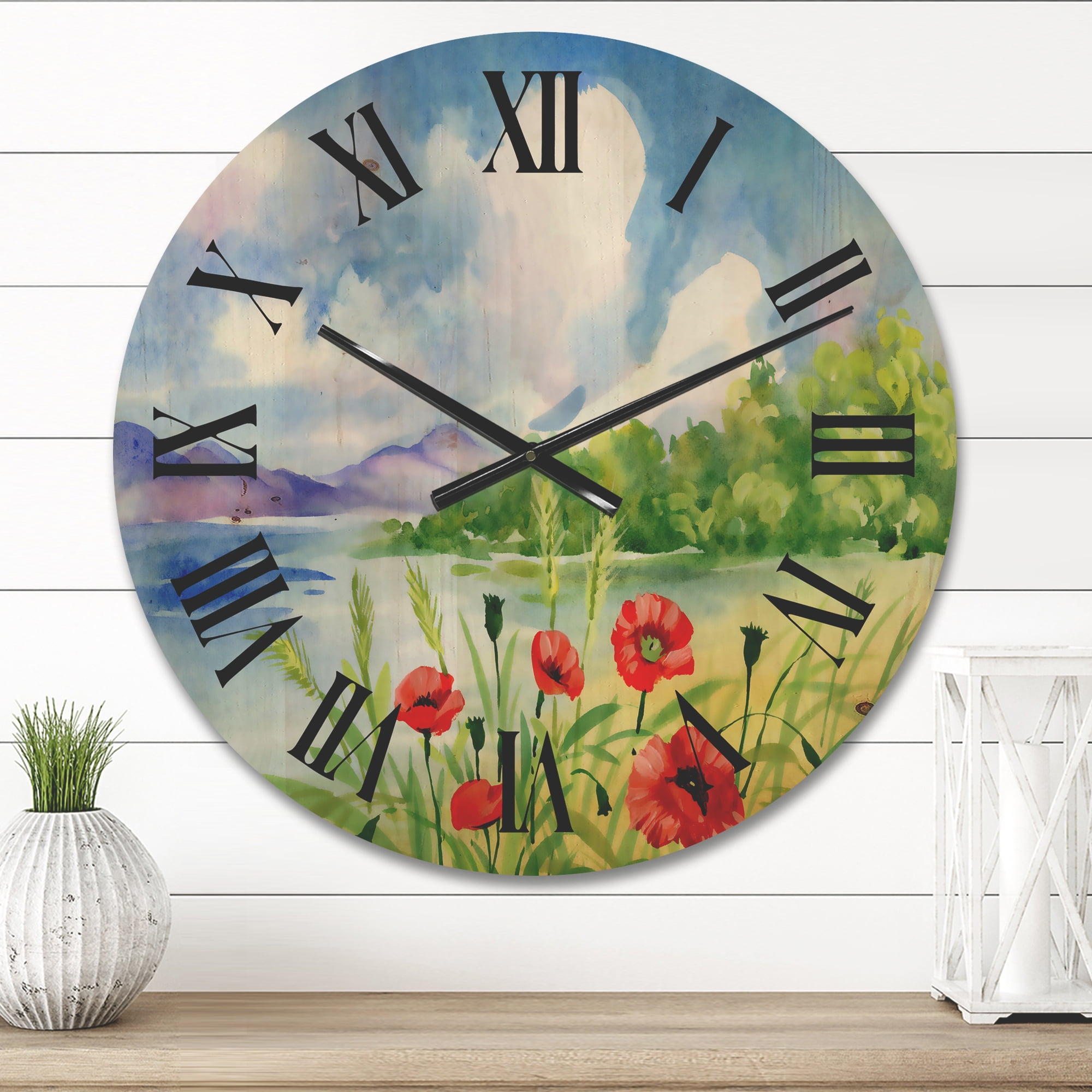 Designart 'Red Tulips On The Bank Near A River Mountain' Lake House Wood Wall Clock
