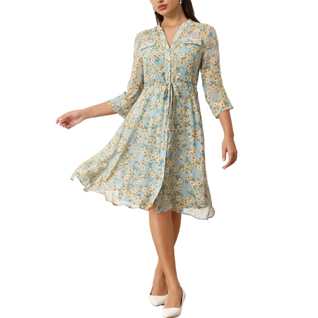 INSPIRE CHIC Vestido Camisero Floral Elegante para Mujeres con Cuello en V, Manga 3/4, Con Cinta Frontal, Vestido Fluido de Chifón XL Azul Claro