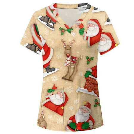 

Spring hue Christmas Nurse Uniforms Scrub Tops Women Nursing Uniform Cartoon V Neck Short Sleeve Stretch Tunic Tops