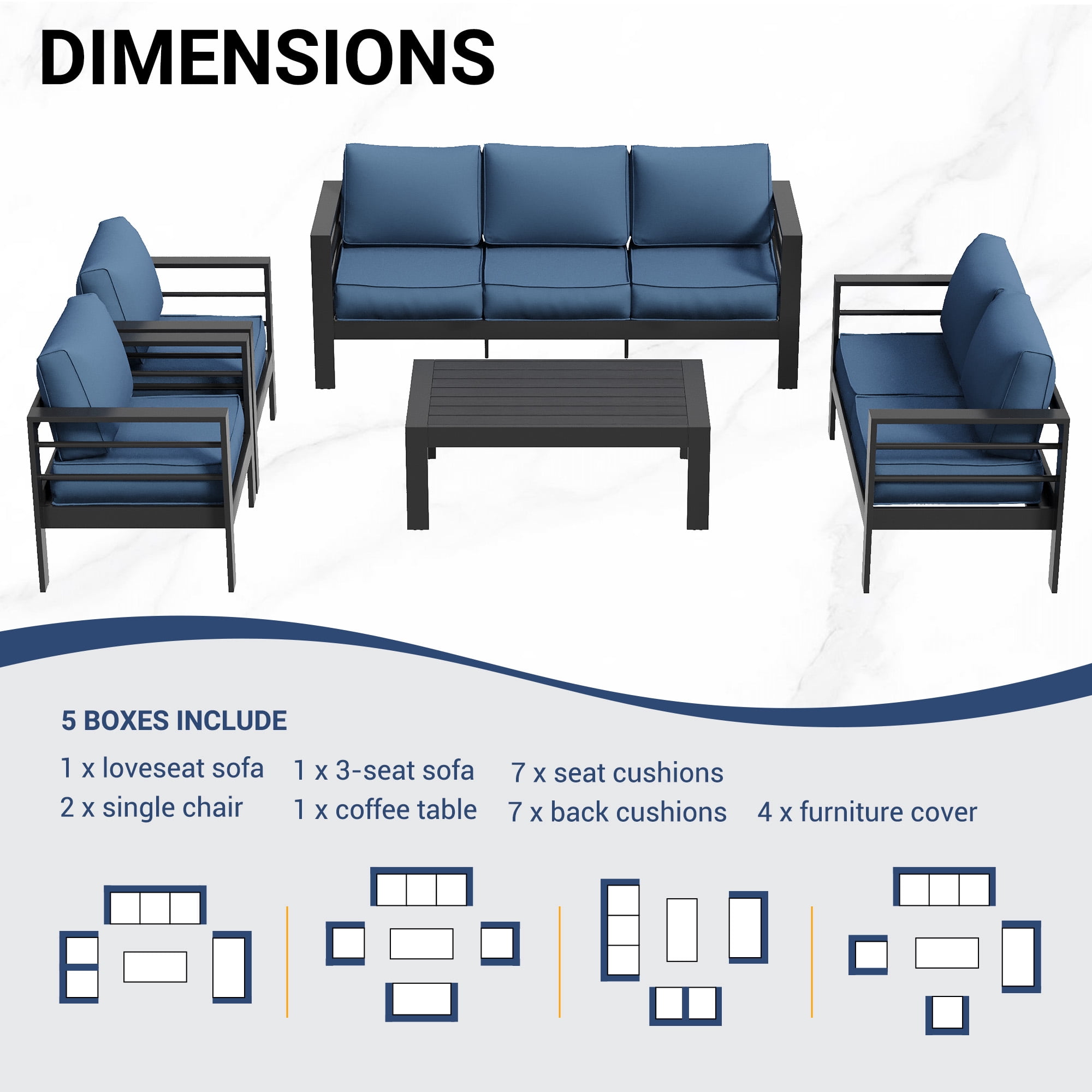 ECOPATIO Aluminum Patio Furniture Set, 8 Pcs Metal Modern Outdoor Sofa Sets, Outdoor Sectional Patio Conversation Set with Coffee Table for Backyard, Poolside, Dark Gray & Blue