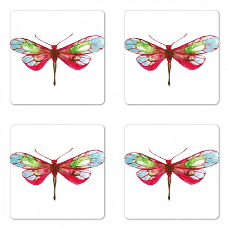 

Dragonfly Coaster Set of 4 Vivid Spring Time Inspired Moth Abstract Grunge Watercolor Design Square Hardboard Gloss Coasters Standard Size Hot Pink Green and Blue by Ambesonne