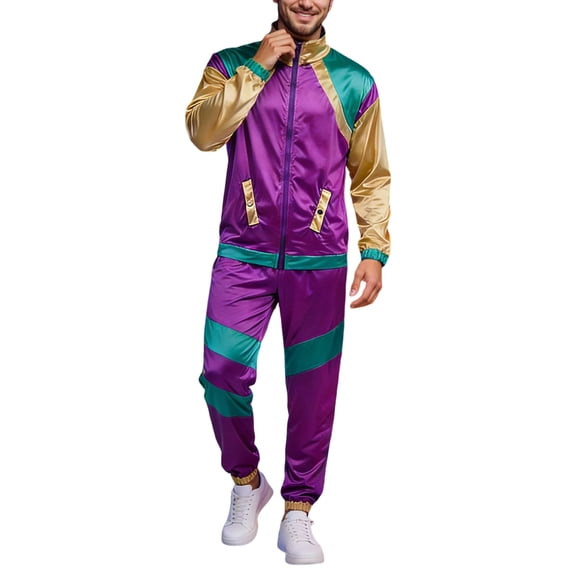 CONZONE Carnival Mens 70S Disco Ssweatsuits Casual Track Suit for Men Patchwork Color Long Sleeve Zip Sweatshirt Pants Cozy Loose Fit Stage Performance Outfits