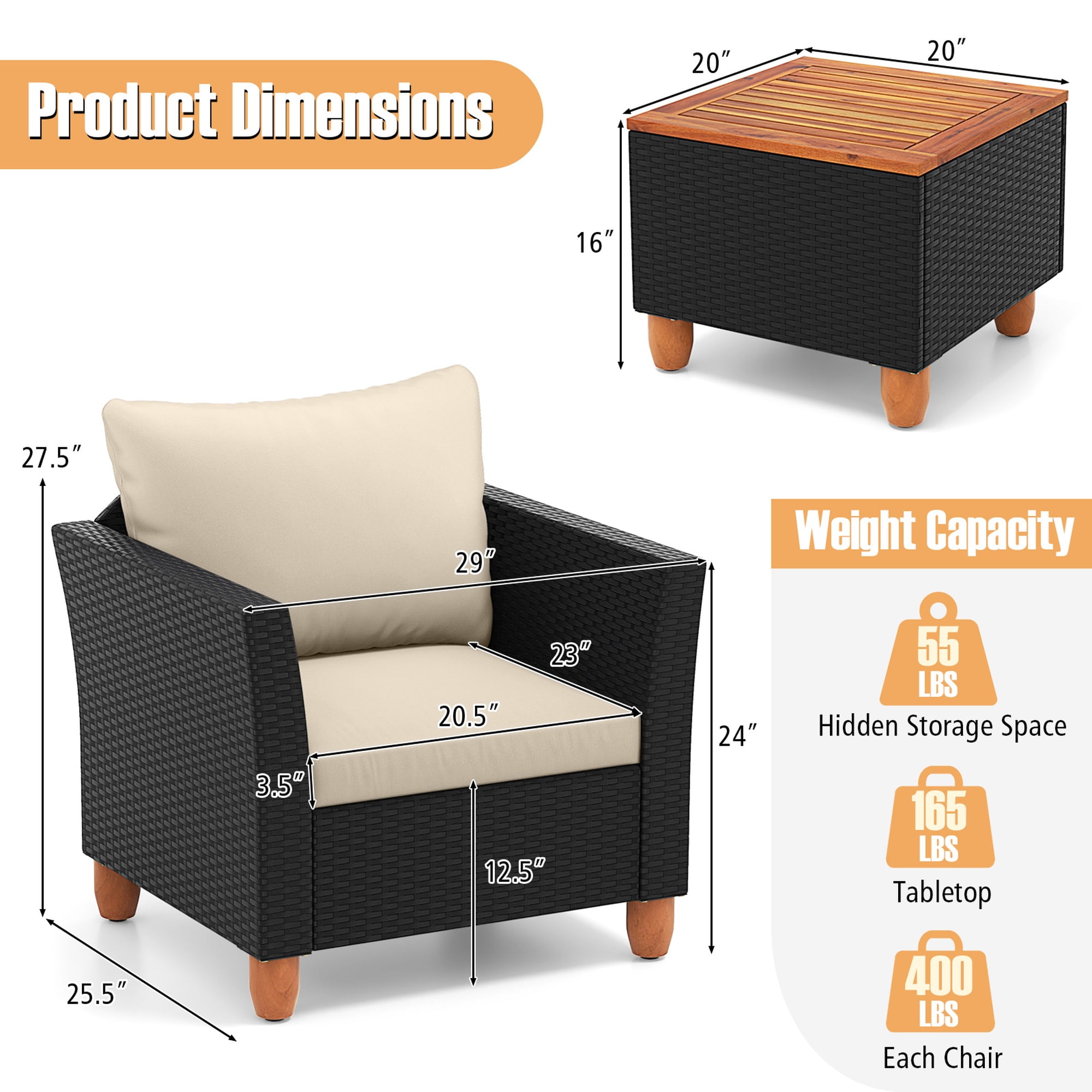 Costway 3PCS Outdoor Patio Rattan Furniture Set Wooden Table Top Cushioned Sofa White Cushion