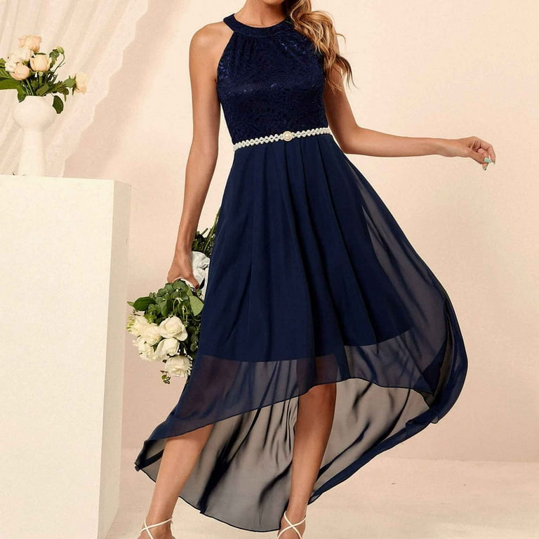 Smihono Women s Elegant Navy Blue Lace Chiffon High Low Bridesmaid Party Dress High Waist A Line Evening Ballgown Cocktail Clubwear Dress Dark Blue 10