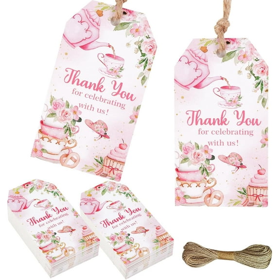 Serencatcher Tea Party Thank You Tags, 50pcs Tea Themed Party Favors Thank You for Celebrating with Us Tags String for Floral Tea Baby Shower Gender Reveal Birthday Bridal Wedding Girl Women Pink