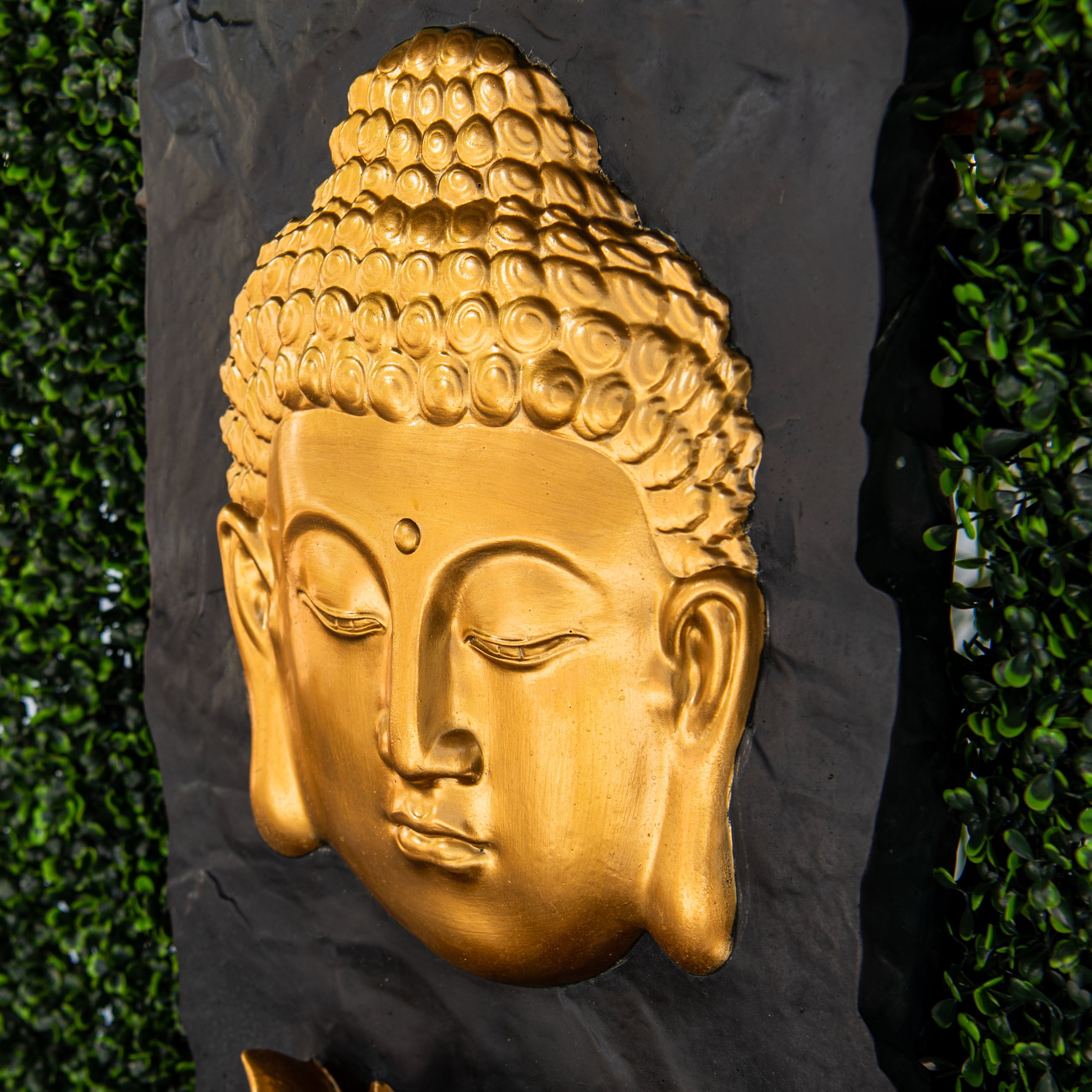 XBrand 30 in H Fiber Resin Wall Buddha Zen Outdoor Garden Water Fountain w/ warm LED Light, Gold