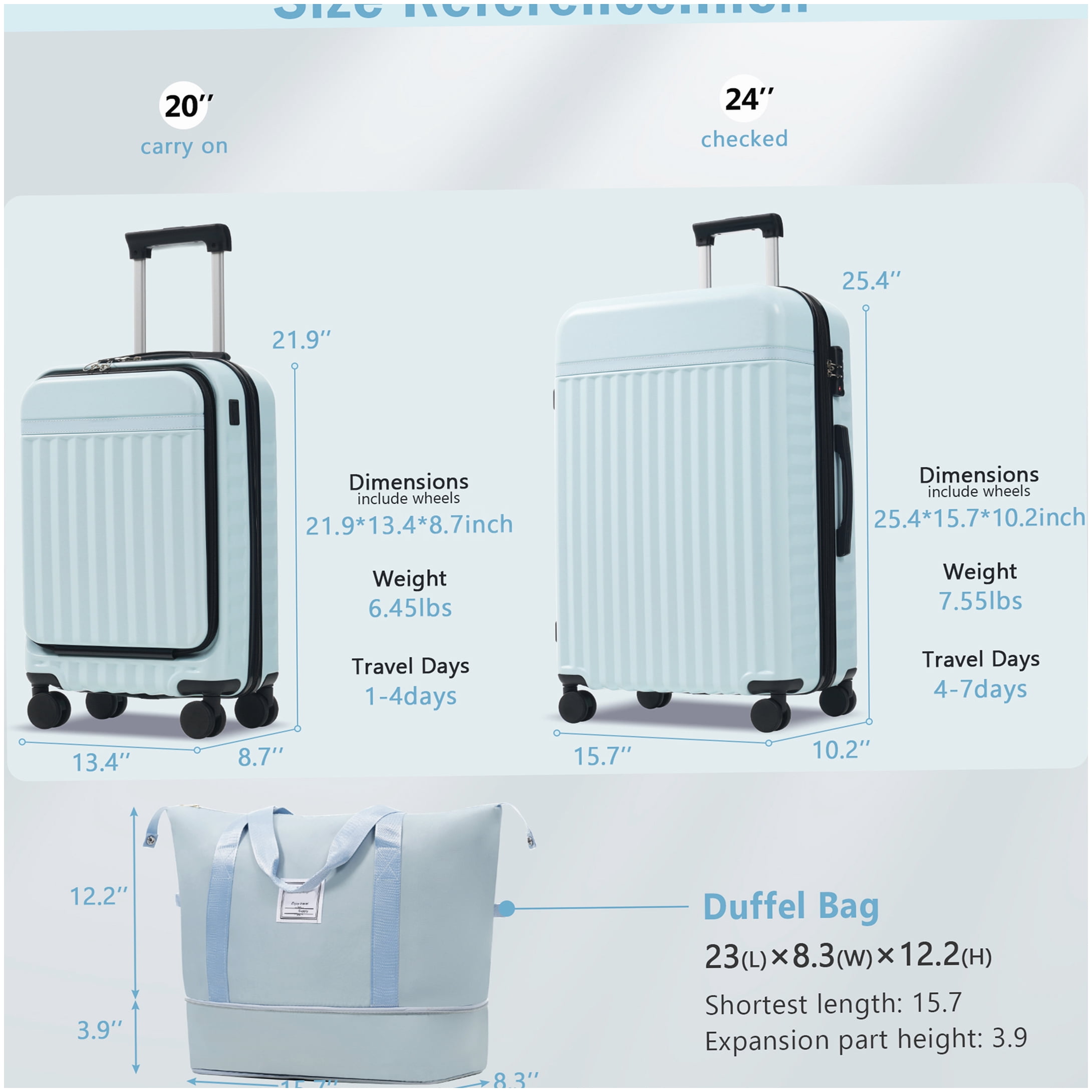 ABS Hardside 3-Piece Luggage Set with Front Opening & USB Charger, TSA Lock, Expandable Light Blue Suitcase with Wheels