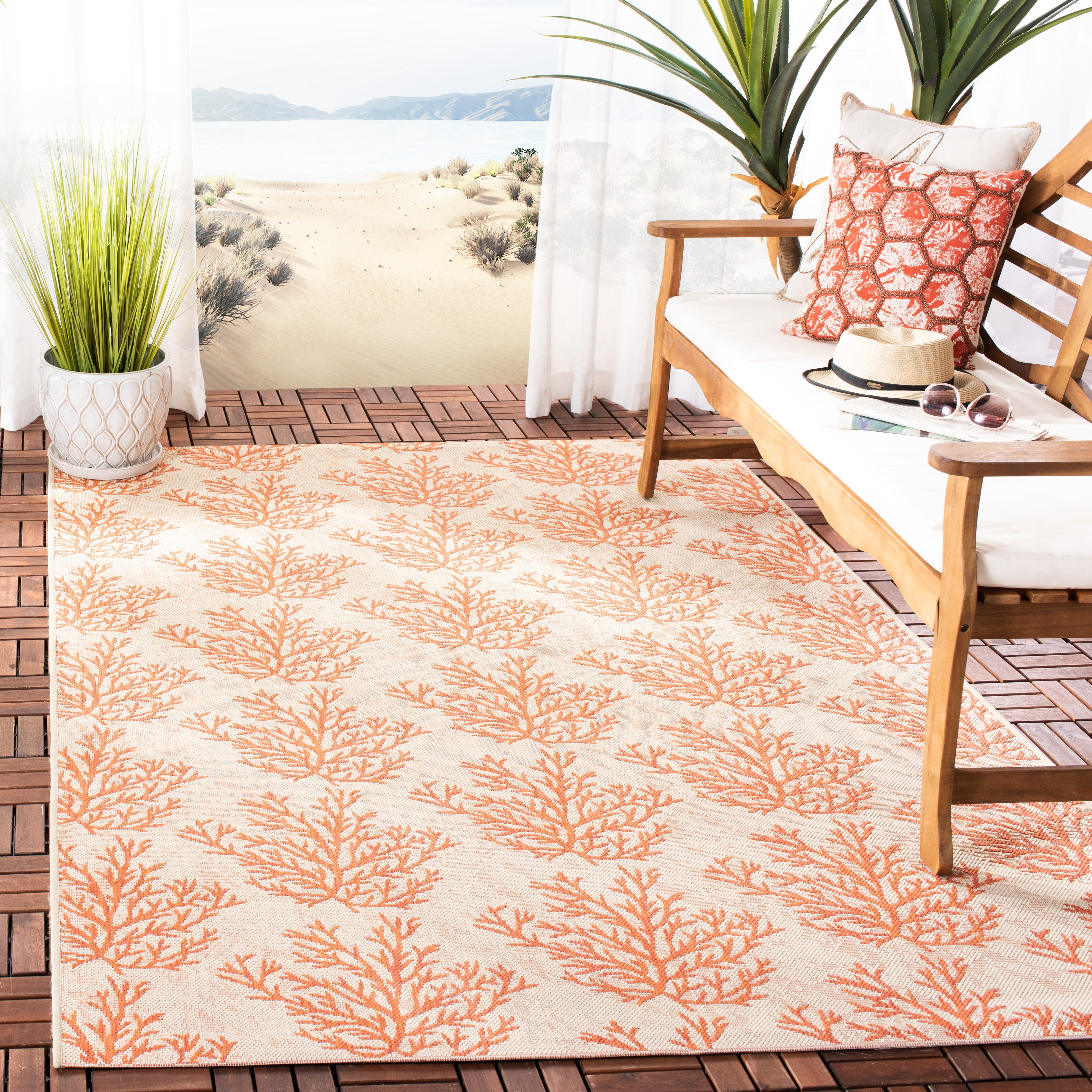 Safavieh Courtyard Fionntan Botanical Indoor/Outdoor Area Rug, Beige/Terracotta, 5'3" x 7'7"