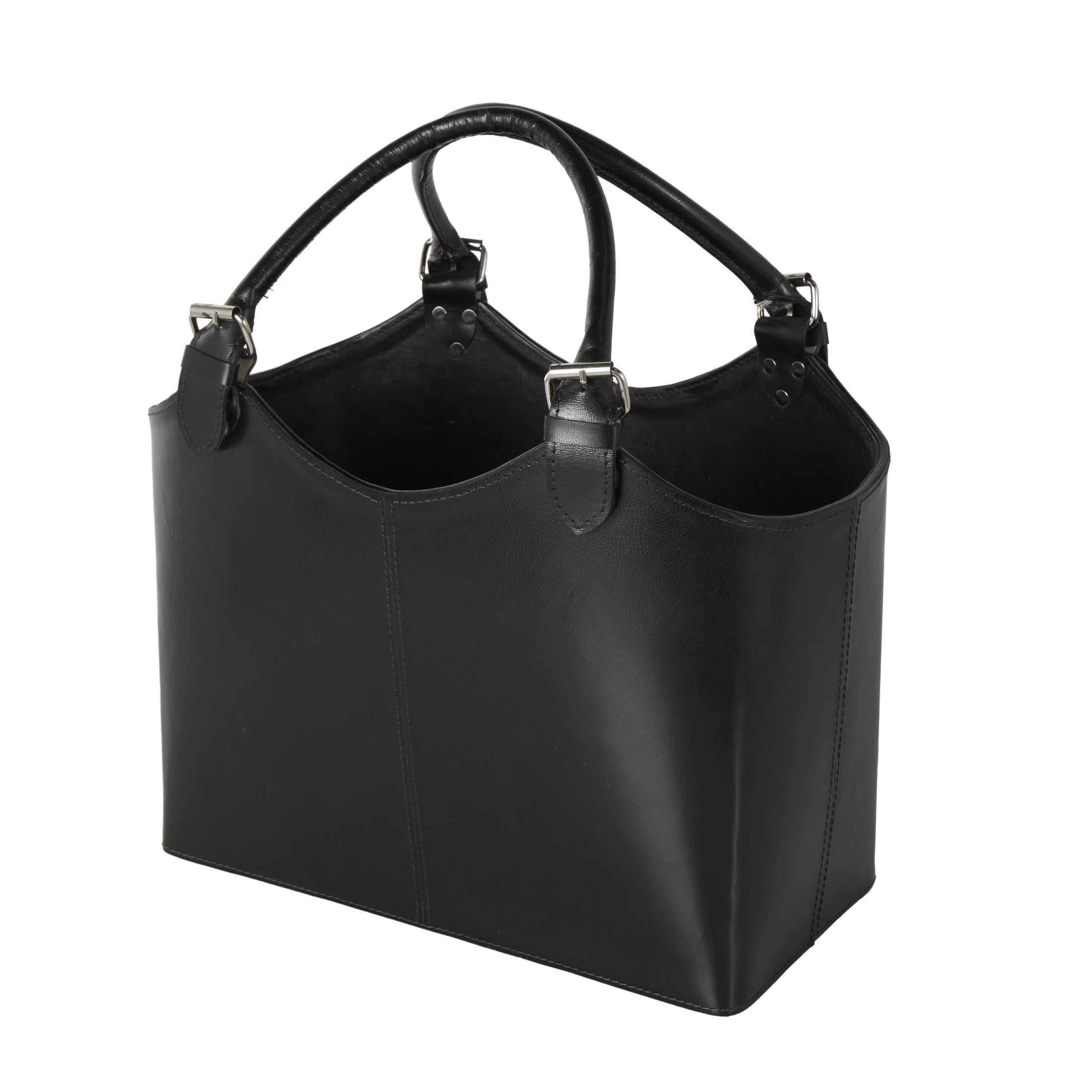DecMode 18" Black Leather Handmade Box Style Magazine Holder with Detail Stitching and Curved Buckle Handles